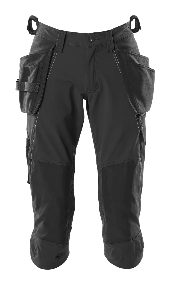 ¾-housut riipputaskuilla Ultimate stretch, kevyt, musta